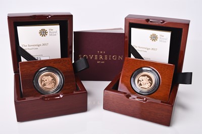 Lot 235 - Two Elizabeth II 2017 gold proof sovereigns, The Pistrucci Edition, 200th Anniversary of the sovereign