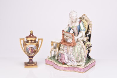 Lot 158 - Meissen style model of a lady doing needlework and a Vienna vase and cover