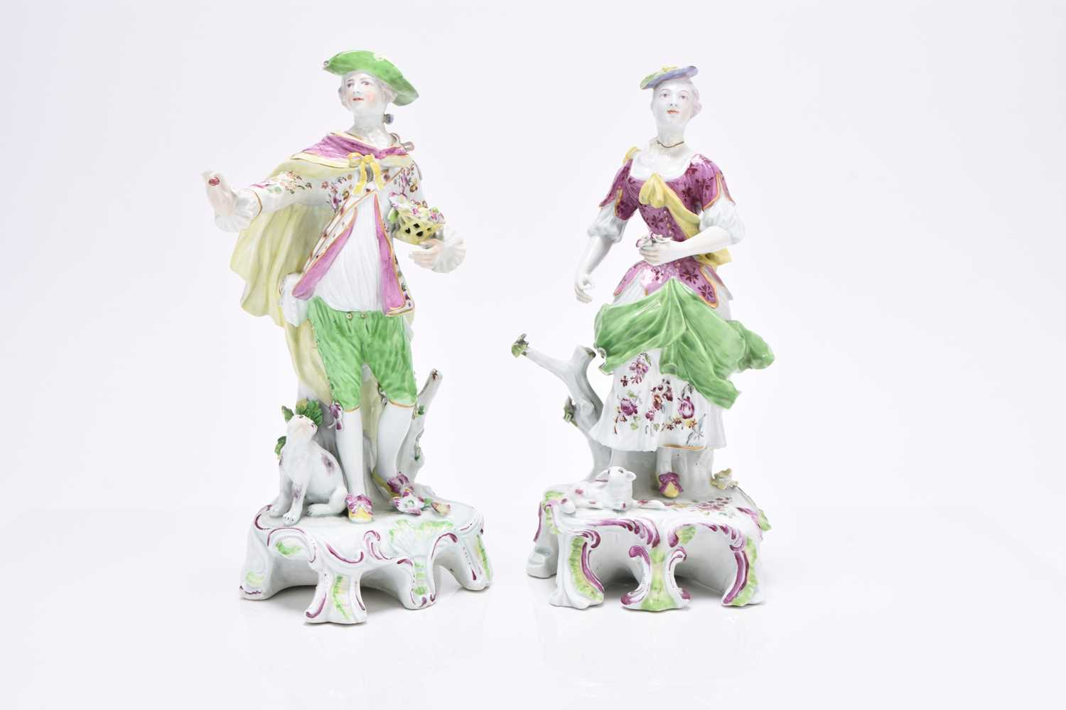 Lot 454 - Pair of Derby porcelain models of Dresden Shepherd and Shepherdess, circa 1755-60