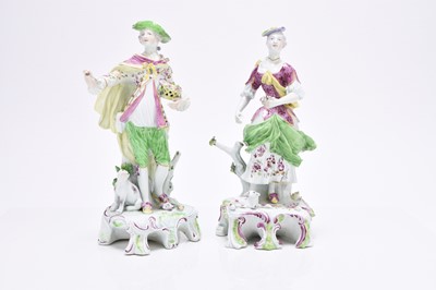 Lot 454 - Pair of Derby porcelain models of Dresden Shepherd and Shepherdess, circa 1755-60