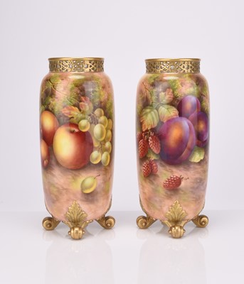 Lot 95 - A pair of Royal Worcester vases painted with fruit by E. Townsend, dated 1941