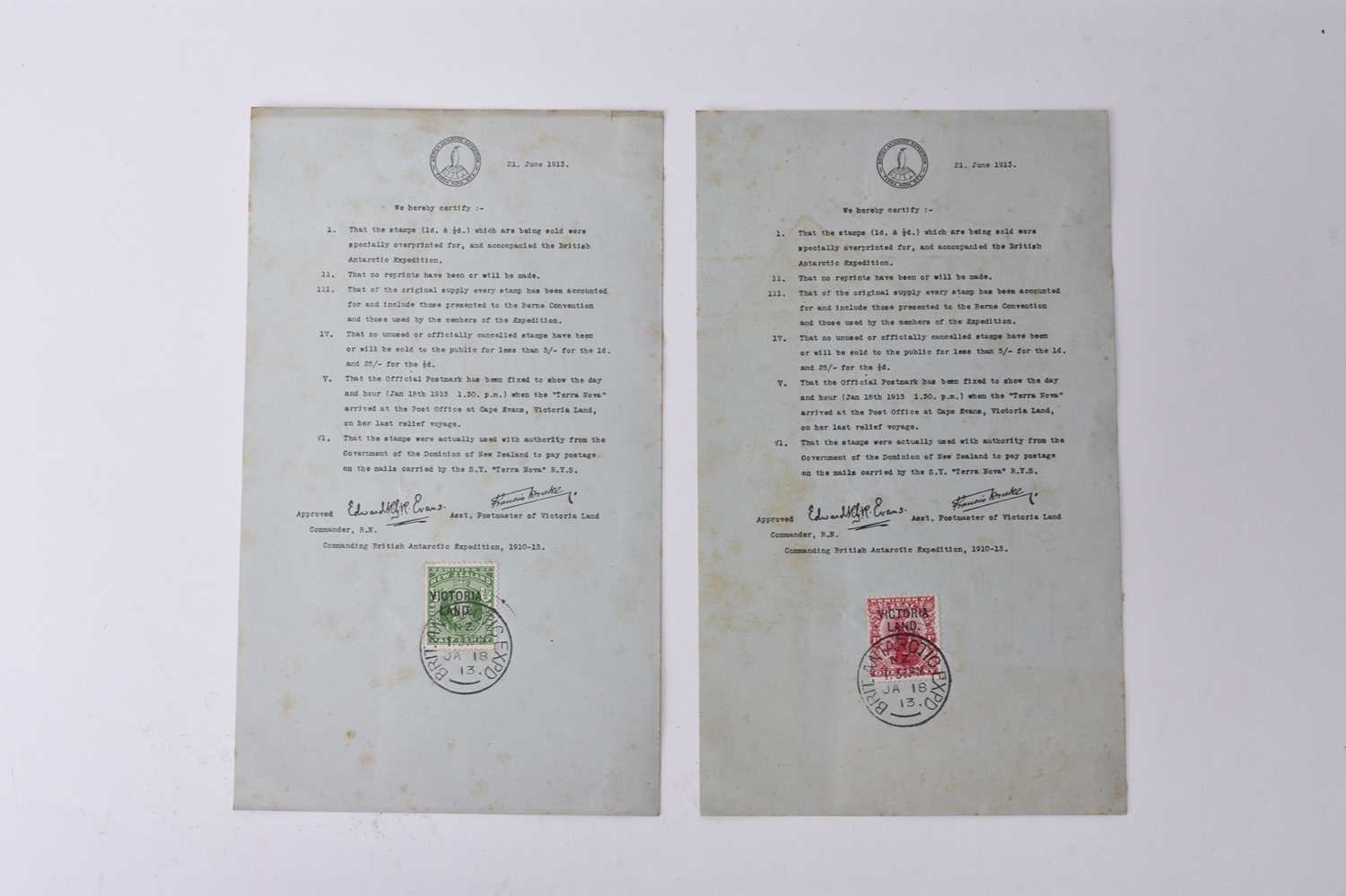 Lot 357 - New Zealand. Victoria Land. 1910-13 ½d green and 1d carmine, overprinted "Victoria/Land."