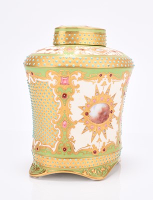 Lot 109 - Coalport Chicago Exhibition 1893 jewelled canister and cover