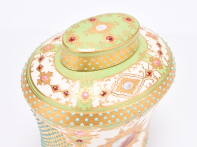 Lot 109 - Coalport Chicago Exhibition 1893 jewelled canister and cover