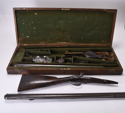 Lot 16 - Wood & Sons percussion side-by-side shotgun in case with tools and accessories