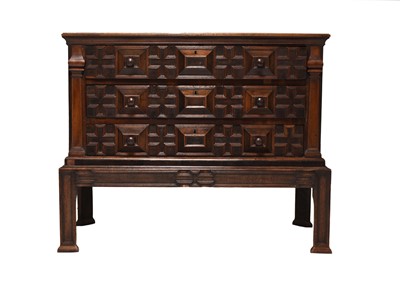 Lot 184 - A Charles II oak and snakewood-veneered geometric chest on later stand