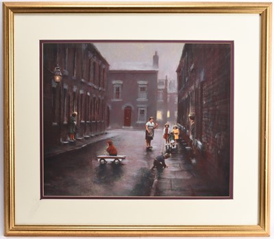 Lot 173 - Marc Grimshaw (b.1957) Northern Street Scene with Children Playing
