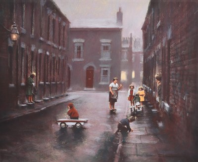 Lot 173 - Marc Grimshaw (b.1957) Northern Street Scene with Children Playing