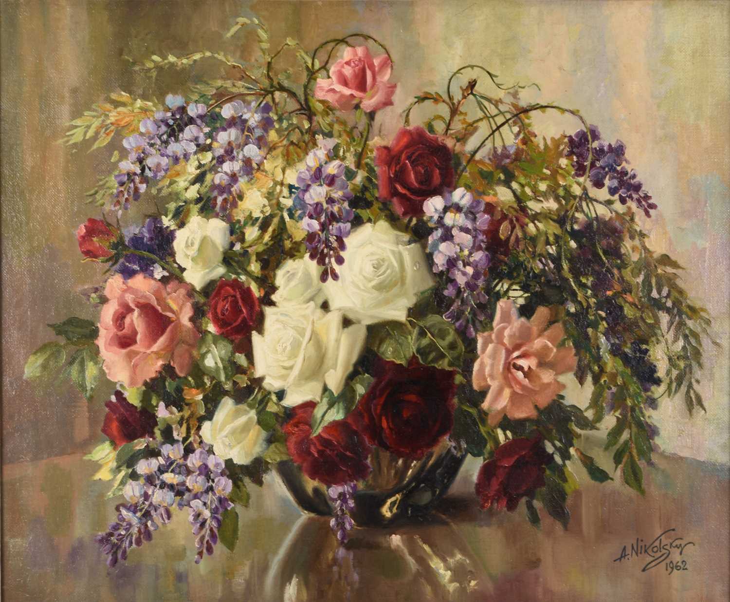 Lot 719 - Alexei Nikolsky (1899-1975) Still Life of Roses and Flowers in a Vase