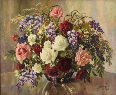 Lot 719 - Alexei Nikolsky (1899-1975) Still Life of Roses and Flowers in a Vase