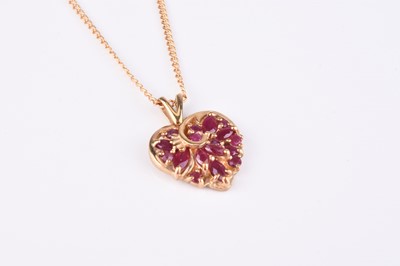 Lot 136 - A 9ct gold heart shaped ruby set pendant on chain and a ruby ring