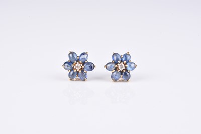 Lot 251 - A pair of 9ct gold sapphire and diamond floral cluster earrings