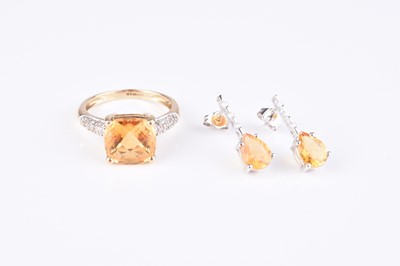 Lot 118 - A 9ct gold citrine and diamond ring and a pair of earrings