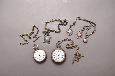 Lot 270 - Two silver pocket watches, two silver Alberts and two base metal Alberts