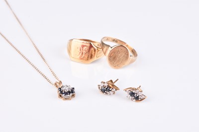 Lot 169 - Two 9ct gold signet rings, a pendant on chain and a pair of earrings