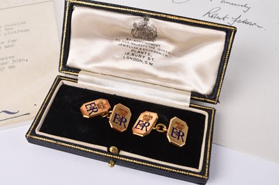 Lot 59 - A pair of Elizabeth II 9ct gold and enamel cufflinks, together with Royal ephemera