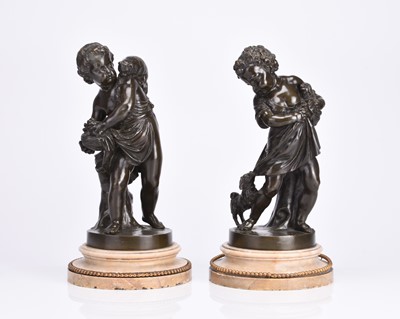 Lot 313 - After Dumond, a pair of bronze figures of boys