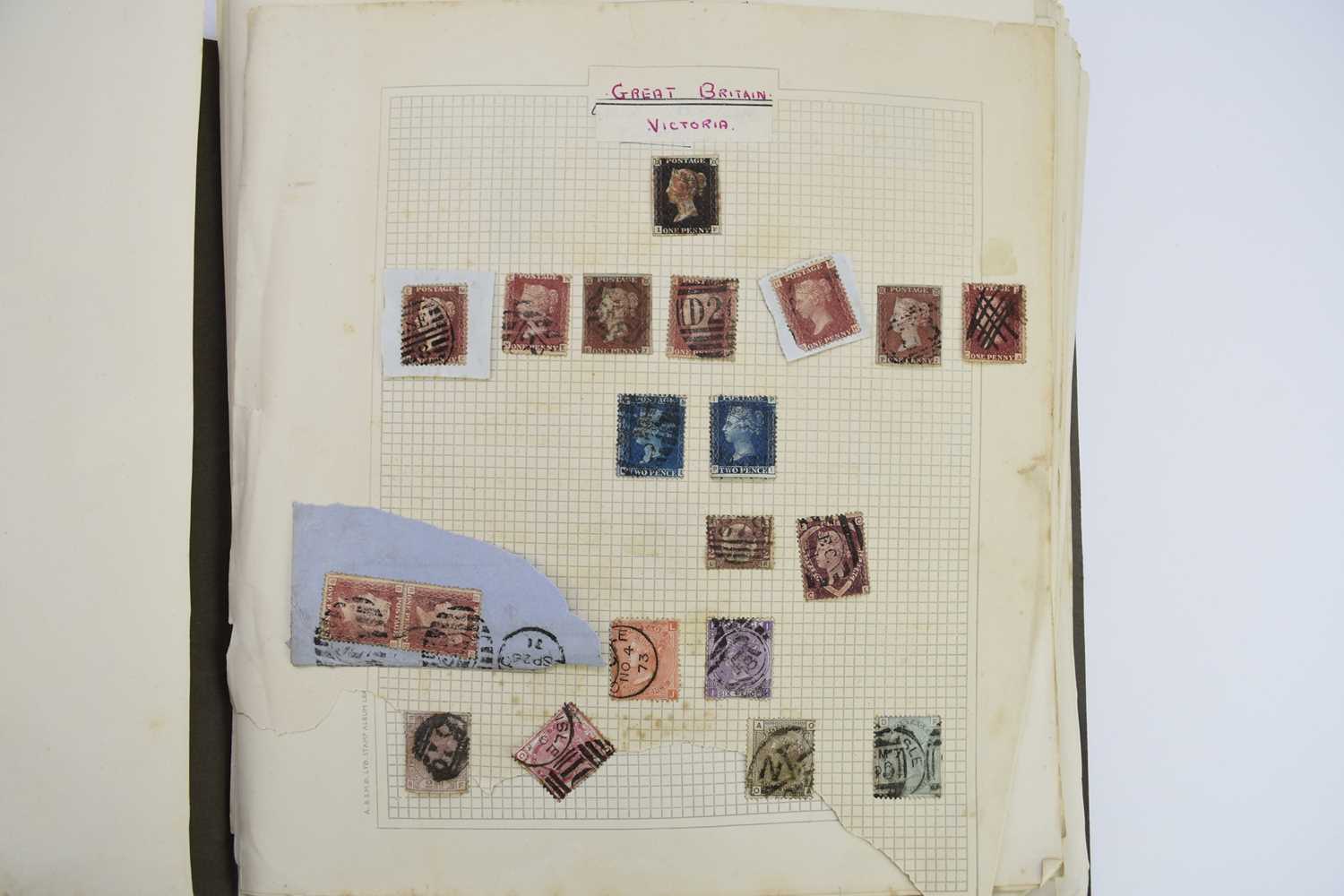 Lot 349 - A folder of stamps on old album pages; noted: GB 1d Black fu Red MX with4 margins
