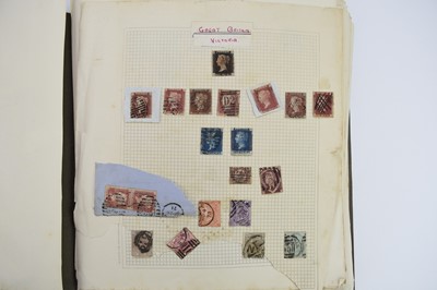 Lot 349 - A folder of stamps on old album pages; noted: GB 1d Black fu Red MX with4 margins