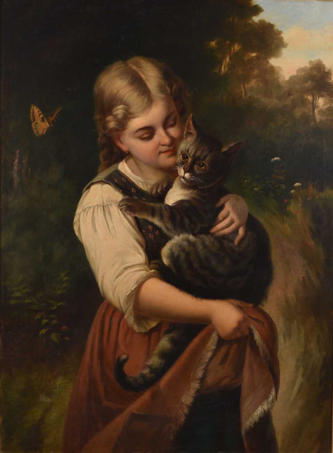 Lot 640 - After Frederick (Fritz) Sturm (Austrian 1823-1898) Young Girl holding a Cat