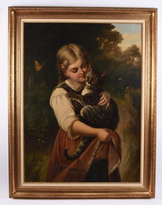 Lot 640 - After Frederick (Fritz) Sturm (Austrian 1823-1898) Young Girl holding a Cat