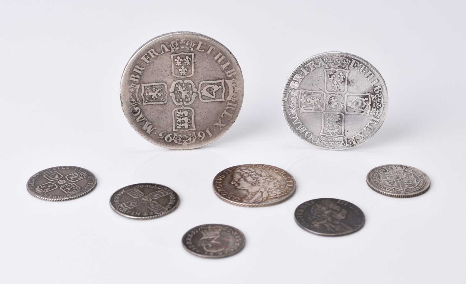 Lot 181 - Small collection of British silver coinage comprising William II crown "Octavo" edge dated 1695
