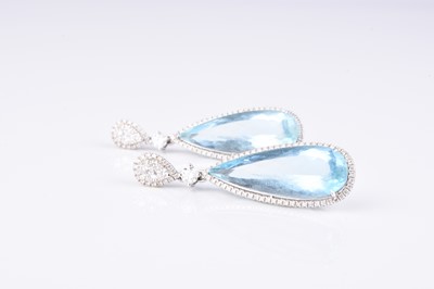 Lot 184 - A pair of 18ct white gold aquamarine and diamond ear pendants