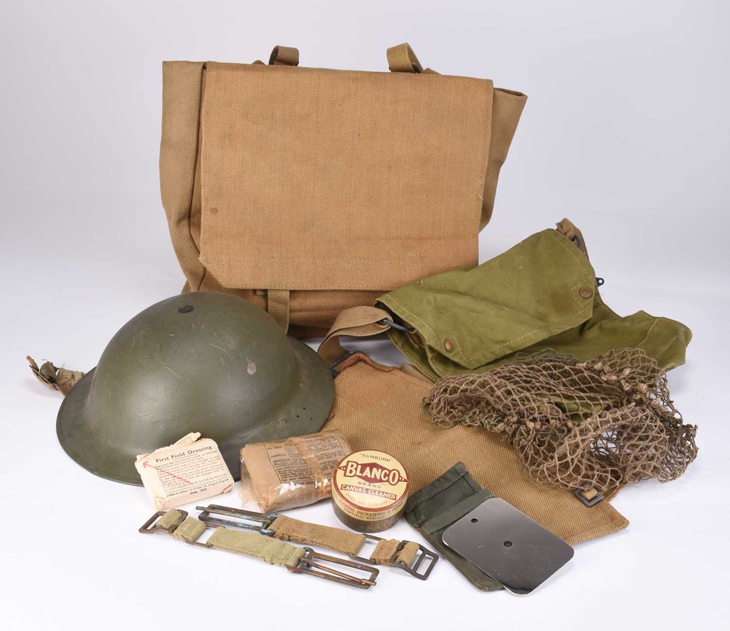 Lot 64 - MkII British Army helmet with webbing and other items