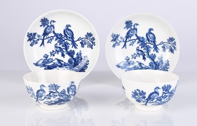 Lot 438 - Two Caughley 'Birds in Branches' tea bowls and saucers, circa 1778-80 and 1785-90