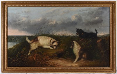Lot 6 - J Langlois (c.1855-1904) A Large Oil of Terriers at a Rabbit Hole