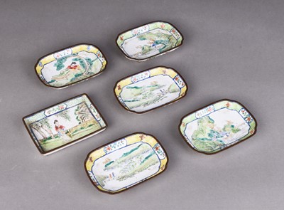 Lot 116 - A group of six Chinese enamel hors d'oeuvres dishes, Qianlong marks