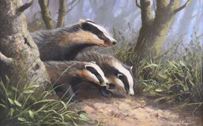 Lot 602 - Adrian Rigby (b.1962) Badgers, Evening Stroll