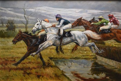 Lot 89 - Margaret Barrett (b.1939) Flying the Water, Desert Orchid