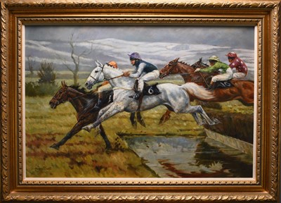 Lot 89 - Margaret Barrett (b.1939) Flying the Water, Desert Orchid