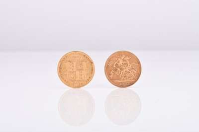Lot 187 - Two half sovereigns. Victoria Jubilee head half sovereign, shield back, dated 1892