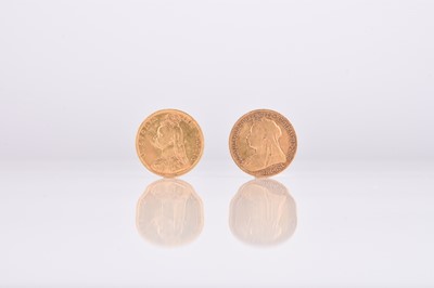 Lot 187 - Two half sovereigns. Victoria Jubilee head half sovereign, shield back, dated 1892