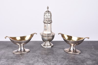 Lot 40 - A pair of George III silver salts and a silver sugar caster