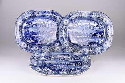 Lot 26 - Three English blue and white 'Waterfall' meat platters, mid-19th century