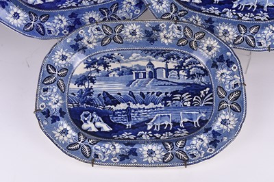 Lot 26 - Three English blue and white 'Waterfall' meat platters, mid-19th century