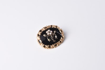 Lot 108 - A 19th century diamond, seed pearl and black enamel mourning brooch