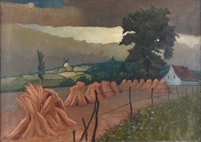 Lot Antoon de Vaere (Belgian 1900-1989) Rural Landscape with Haystacks in a Field