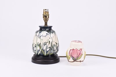 Lot 82 - Moorcroft 'Nivalis Snowdrops' table lamp and a Magnolia ginger jar and cover