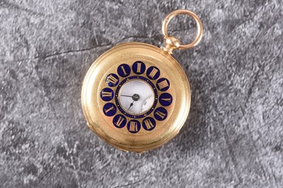 Lot 360 - A lady's 18ct gold enamelled half hunter fob watch