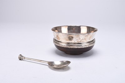 Lot 69 - A cased silver mounted turned wood Christening bowl and spoon