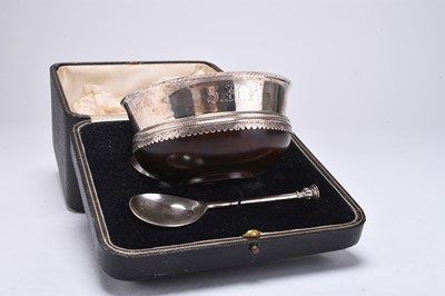 Lot 69 - A cased silver mounted turned wood Christening bowl and spoon