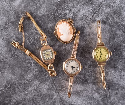 Lot 368 - Three lady's 9ct gold bracelet watches and a 9ct cameo brooch