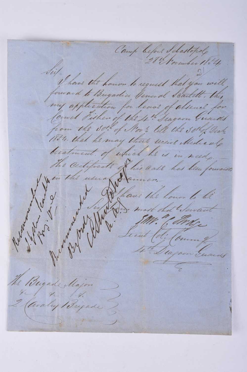 Lot 78 - CRIMEAN WAR. Lt-Colonel E.C Hodge, 4th Dragoon Guards. LS requesting leave for an injured Cornet.