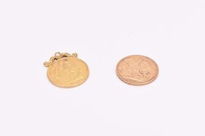 Lot 250 - Two sovereigns. Victoria sovereign, "Jubilee" head dated 1887 attached decorative pendant mount