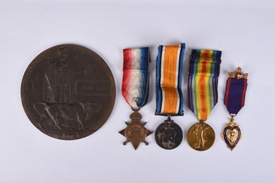 Lot 148 - LOCAL INTEREST - WW1 KIA Medal trio and death plaque, Pte. F. Lamb, KSLI
