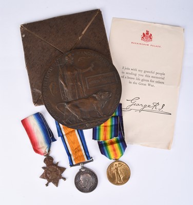 Lot 149 - LOCAL INTEREST - WW1 KIA Medal group and death plaque to Pte. A. Bradley, KSLI